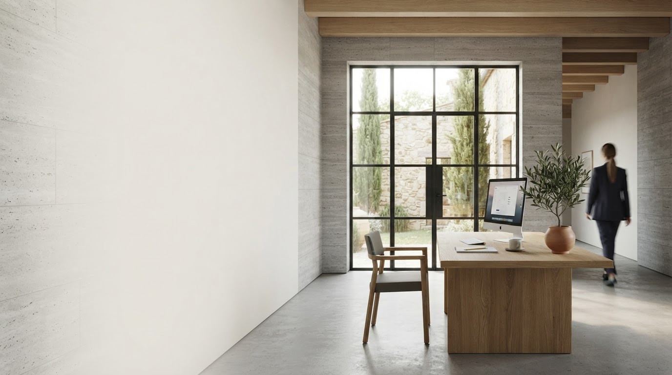 Xevratyniq composizione minimalista con texture di pietra e linea di trend dati in verde botanico